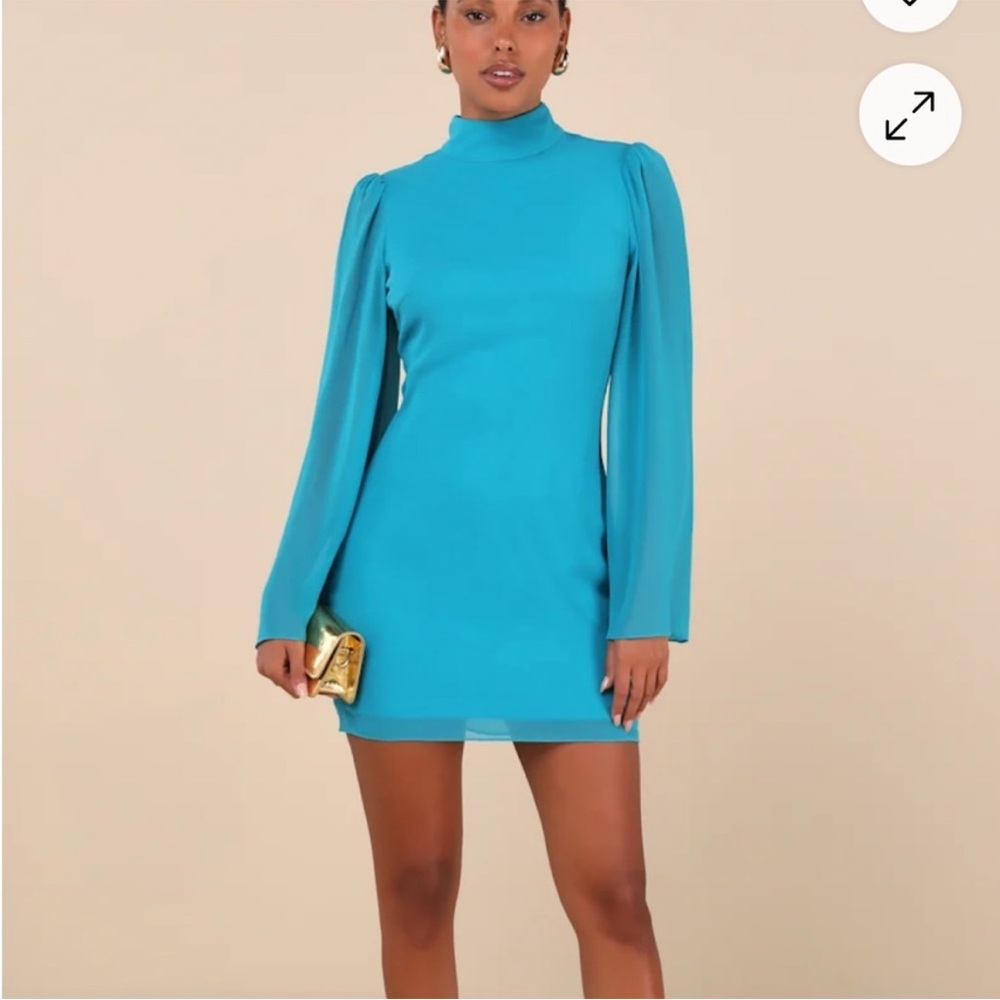 Lulu's Turquoise High-Neck Long-Sleeve Mini Dress